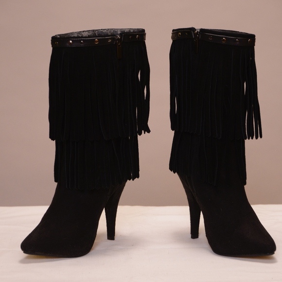 Black faux suede fringe booties. Worn once. - Picture 1 of 4